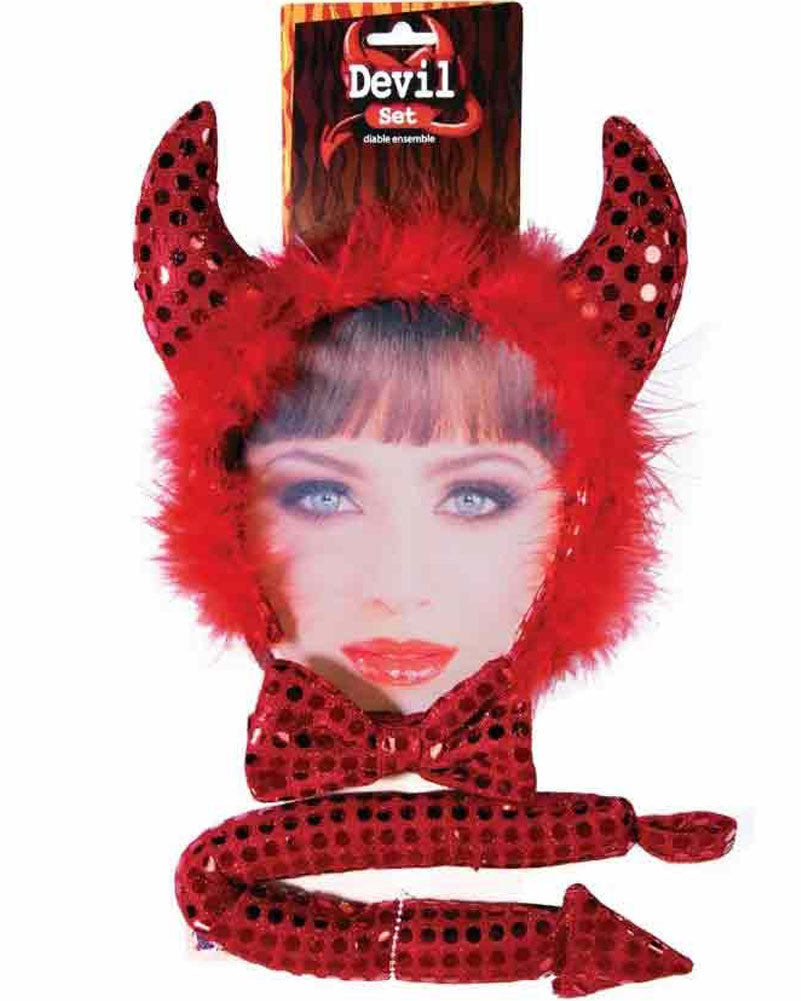Red Sequin Devil Headband Tail Bow Tie Set