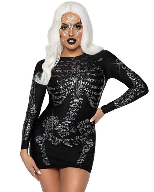 Rhinestone Black Skeleton Womens Costume