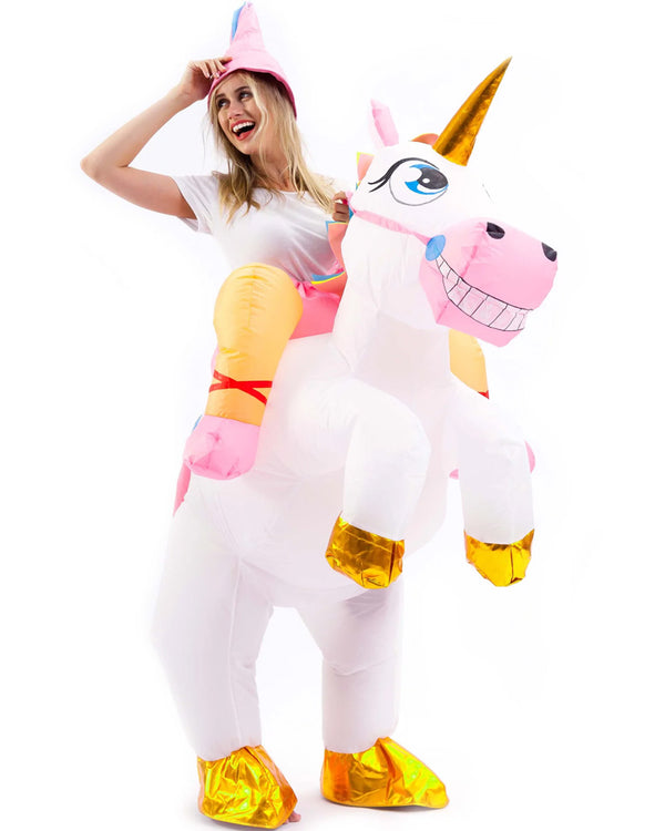 Riding A White Unicorn Inflatable Adult Costume