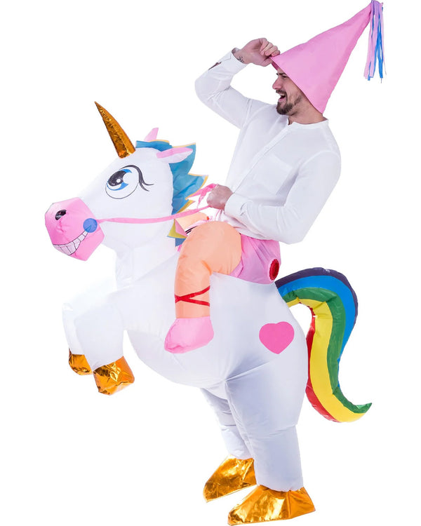 Riding A White Unicorn Inflatable Adult Costume