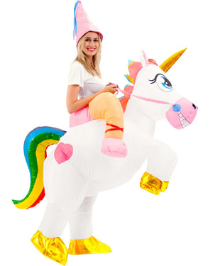 Riding A White Unicorn Inflatable Adult Costume