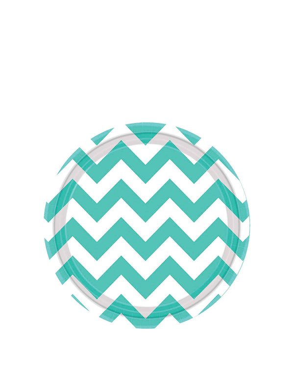Robins Egg Blue Chevron 17cm Round Paper Plates Pack of 8