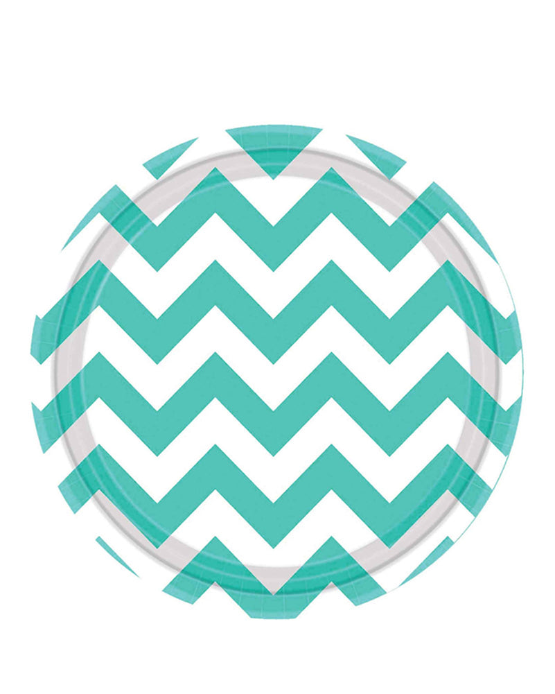 Robins Egg Blue Chevron 23cm Round Paper Plates Pack of 8