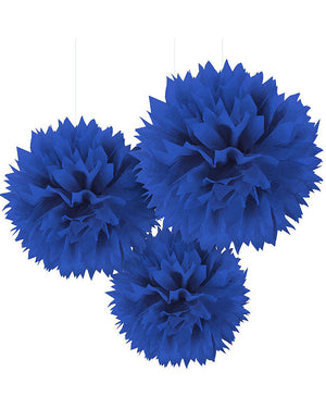 Royal Blue Fluffy Tissue Hanging Decoration Pack of 3