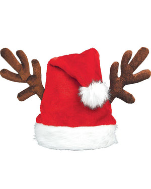 Image of red and white Santa hat with two attached antlers.