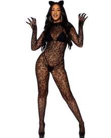 Seamless Leopard Net Gloved Catsuit For Halloween