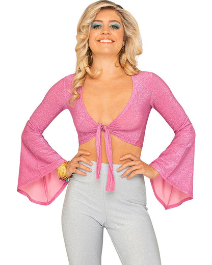 Shake It Pink Sparkle 70s Womens Tie Front Shirt