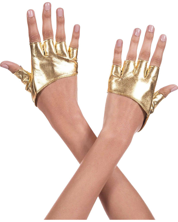 Short Gold Faux Leather Fingerless Gloves