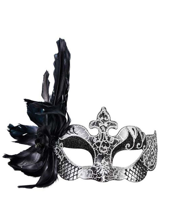 Silver and Black Feathered Eye Mask
