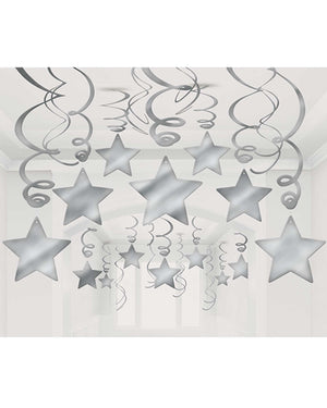 Silver Foil Shooting Stars Hanging Swirl Decorations Mega Pack of 30