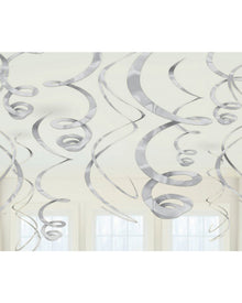 Christmas Silver Plastic Hanging Swirl Decorations Pack of 12