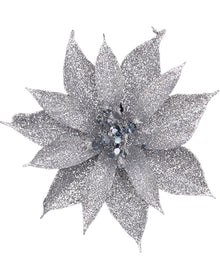 Christmas Silver Poinsettia with Clip 10cm Pack of 3