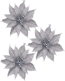 Christmas Silver Poinsettia with Clip 10cm Pack of 3