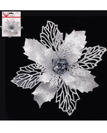 Christmas Silver Poinsettia with Clip 15cm