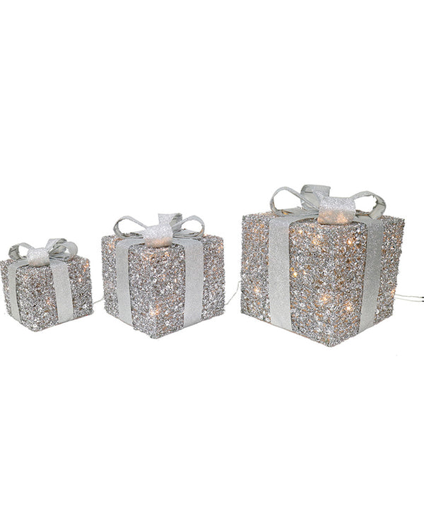Silver Presents Christmas LED Tinsel 3 Piece