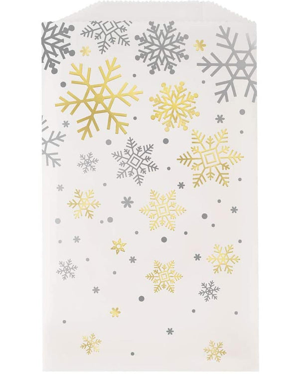Image of white favour bag with silver and gold snowflakes.