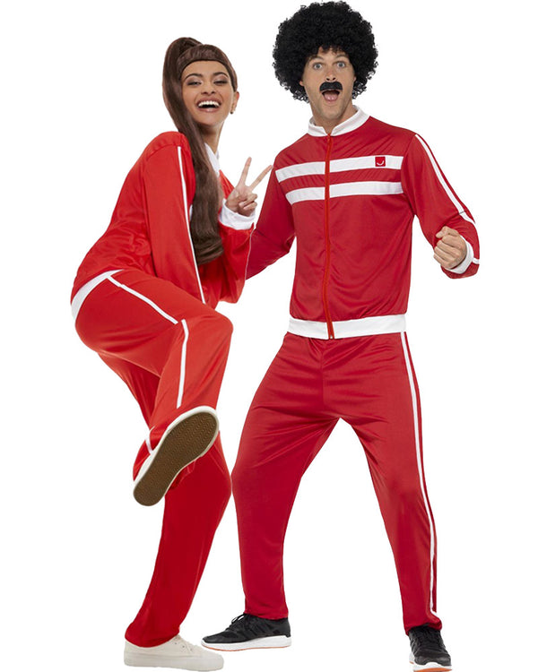Image of man and woman wearing red and white sporty spice adult costume. 