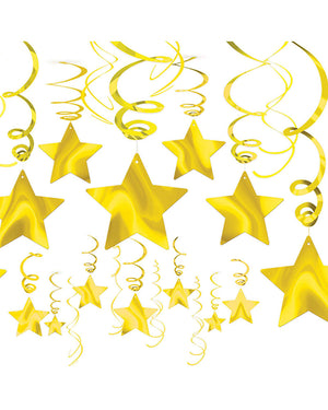 Sunshine Yellow Foil Star Hanging Swirl Decorations Pack of 30