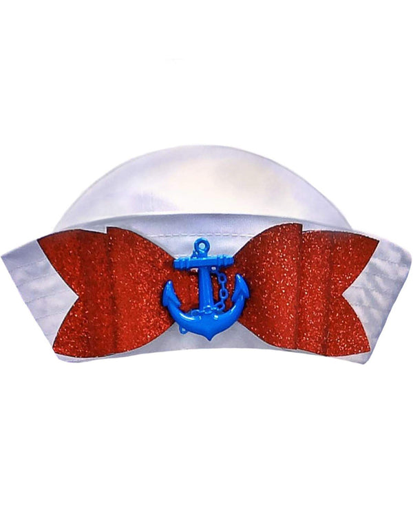 Image of white sailor hat with red bow and blue anchor.