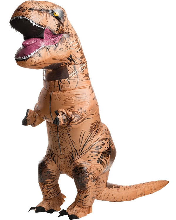 Image of adult wearing brown inflatable T Rex costume.