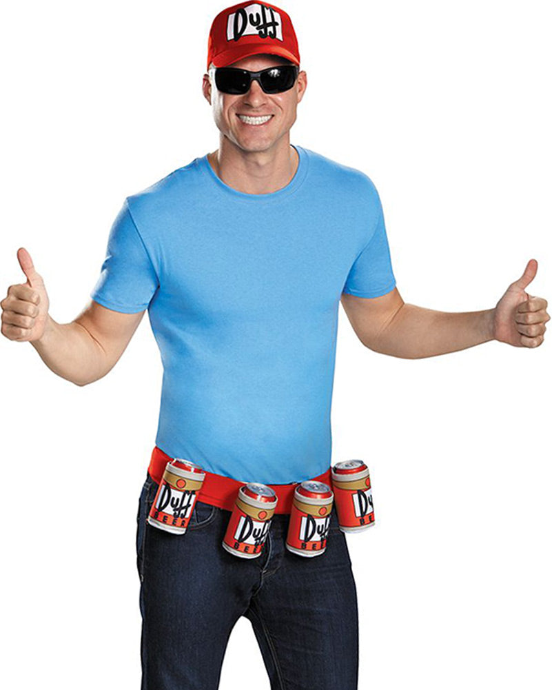 Man in blue shirt wearing The Simpsons Duffman belt and hat