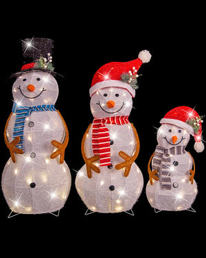 Mesh Tinsel Snowman Family Lawn Decoration with Christmas LEDs