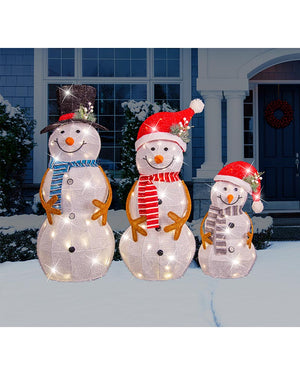 Mesh Tinsel Snowman Family Lawn Decoration with Christmas LEDs
