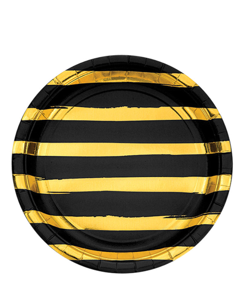 Christmas Black Velvet and Gold Foil Striped 22cm Dinner Paper Plates Pack of 8