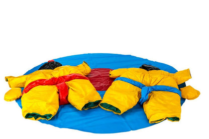 Two PVC and Fabric Adult Sumo Suits with Helmets Gloves and 291cm Mat