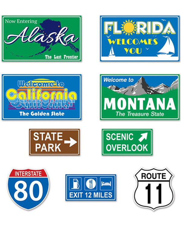 Travel America Road Sign Cutouts Pack of 9