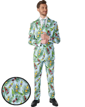 A man wearing a tropical palm print suit with cartoon beer illustrations. Includes a close-up of the fabric pattern.