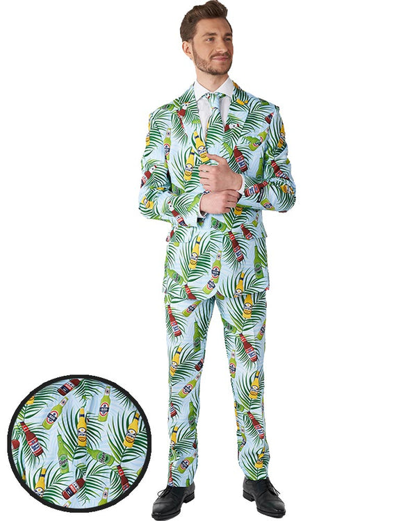 A man wearing a tropical palm print suit with cartoon beer illustrations. Includes a close-up of the fabric pattern.