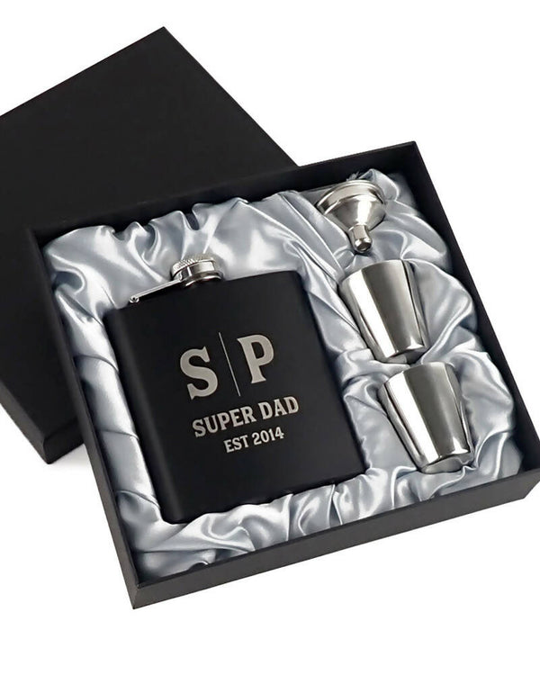 Super Dad Personalised Engraved 175ml Black Hip Flask Set in Gift Box