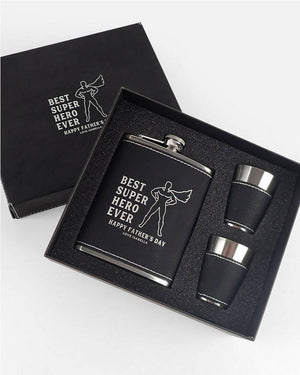 Fathers Day Best Super Hero Ever Personalised Engraved Black Leatherette Hip Flask Set