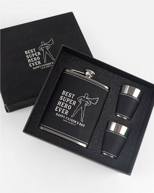 Fathers Day Best Super Hero Ever Personalised Engraved Black Leatherette Hip Flask Set