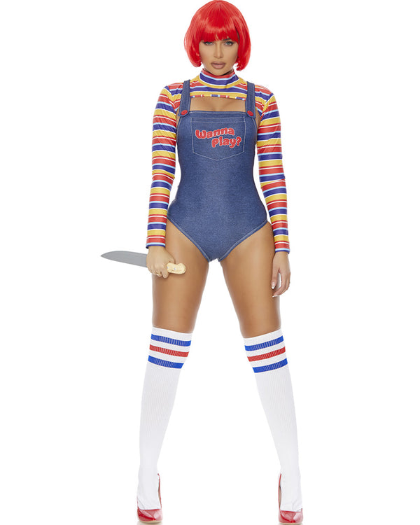 A woman wearing a Chucky-themed costume, including a red bob wig, a striped bolero top, a denim-look bodysuit with overall straps, thigh-high socks, and holding a knife prop.
