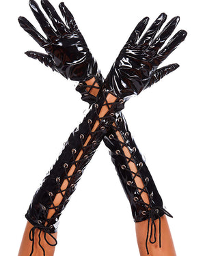 Wet Look Ribbon Lace Up Black Elbow Length Gloves