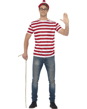 Image of man wearing red and white striped wheres wally shirt, beanie and black glasses.
