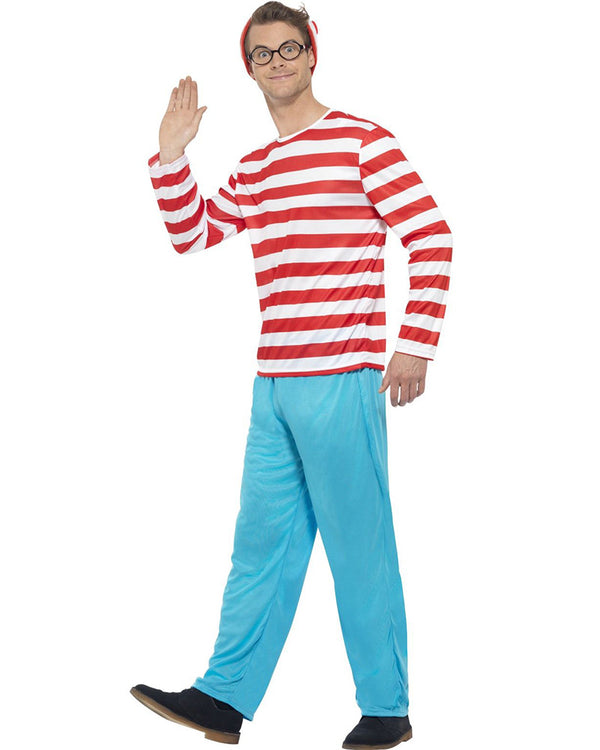 Image of man wearing Where's Wally costume with red and white striped top and blue pants. 