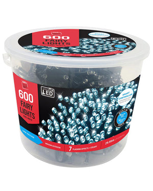 White Flashing LED Christmas Lights Tub with Timer 600 Piece