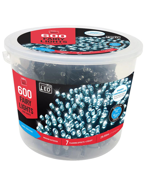 White Flashing LED Christmas Lights Tub with Timer 600 Piece