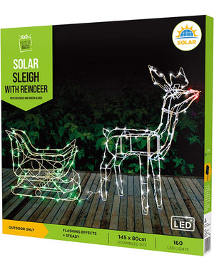 Christmas White Red and Green Reindeer Sleigh Solar Light 1.4m