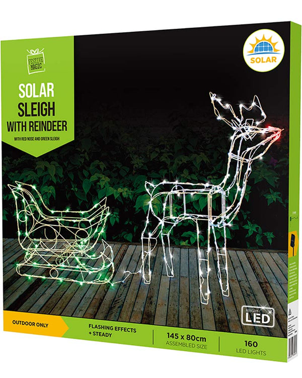 Christmas White Red and Green Reindeer Sleigh Solar Light 1.4m