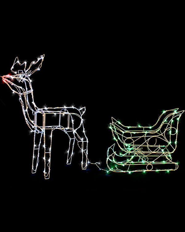 Christmas White Red and Green Reindeer Sleigh Solar Light 1.4m