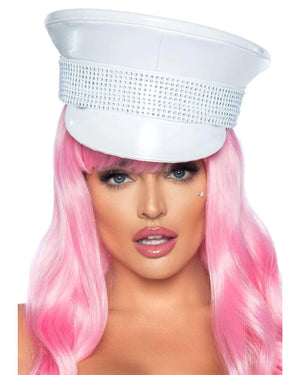 White Rhinestone Trimmed Military Hat