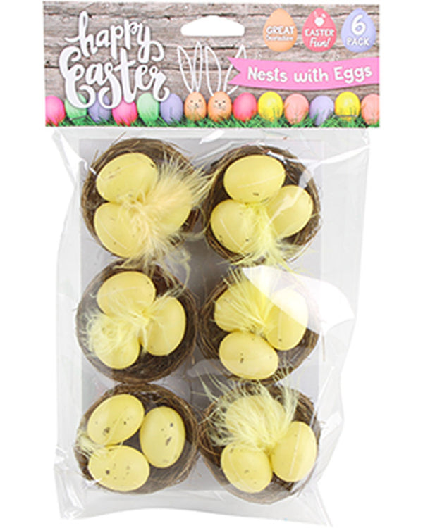 Yellow Easter Eggs with Nest and Feathers 2cm Pack of 6
