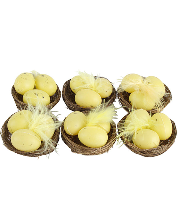 Yellow Easter Eggs with Nest and Feathers 2cm Pack of 6