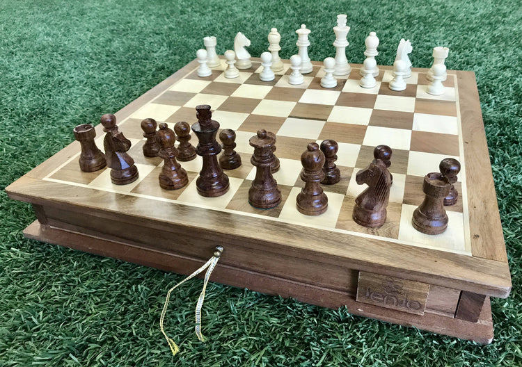 Portable Carved Wooden Chess and Checker Board Set