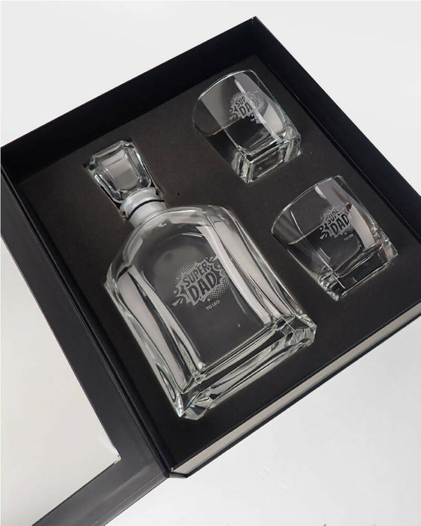 Super Dad Personalised Engraved Royal 700ml Decanter and Two Square Scotch Glasses