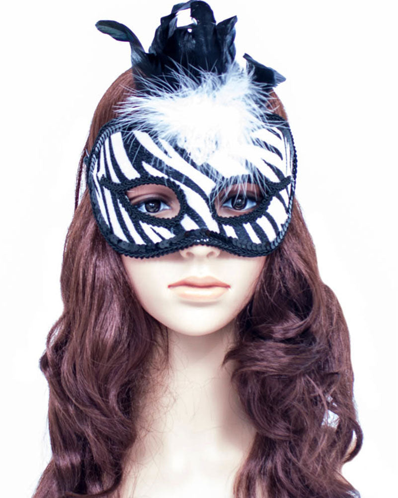 Zebra Masquerade Mask with Feathers